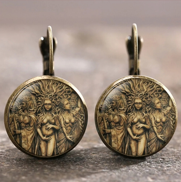 New Triple Goddesses Glass Cabochon Bronze Earrings. - Picture 3 of 4